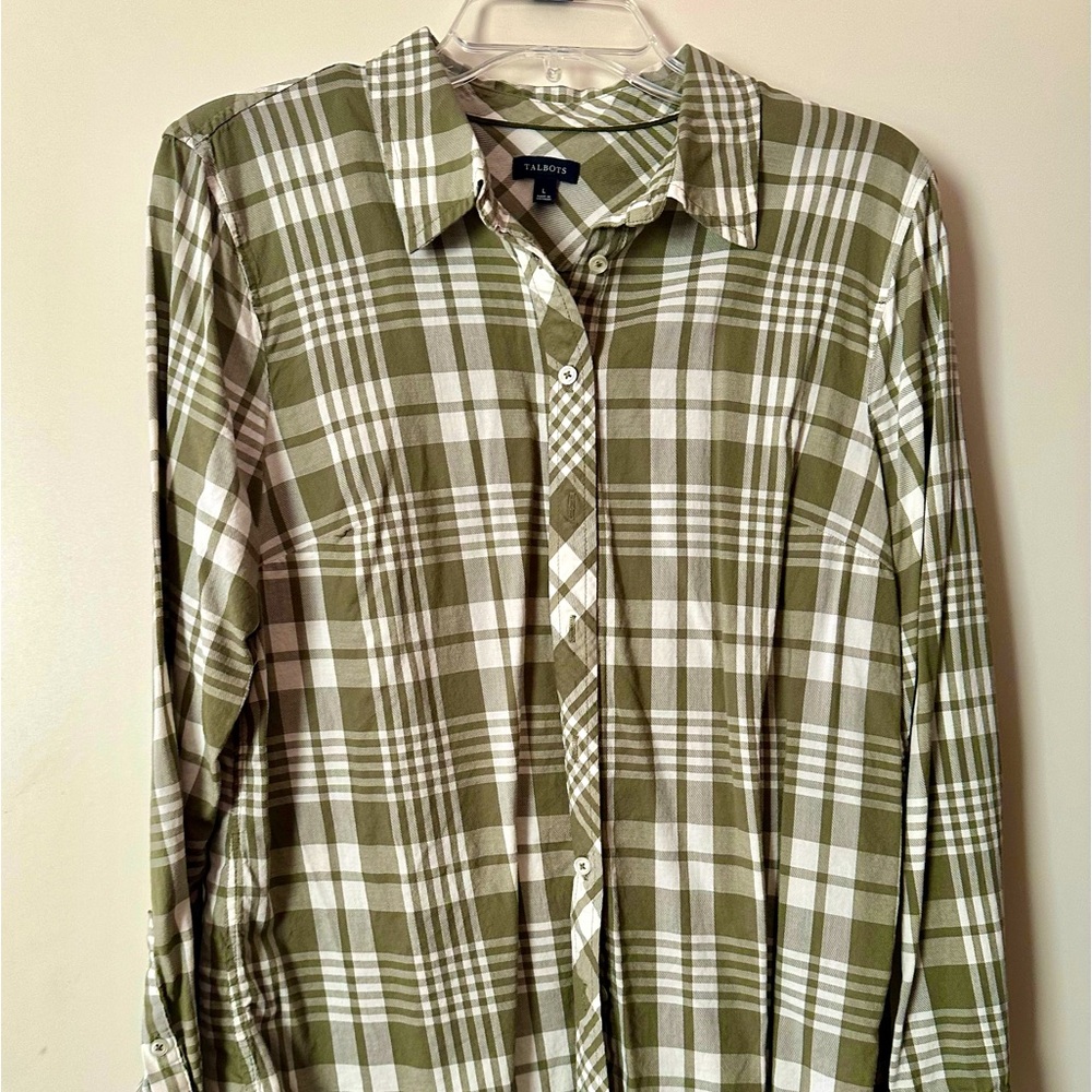 Talbots Olive and White Plaid Long Sleeve Button Down Shirt